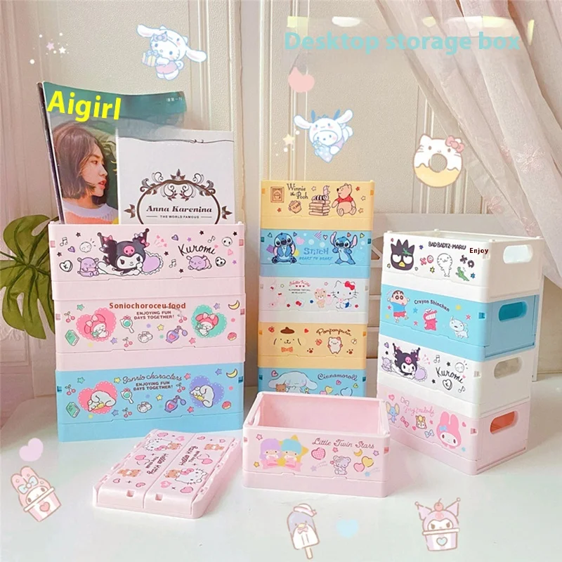 

Sanrio Desktop Storage Box Foldable Girls Office Bedroom Living Room Pink Plastic Sundry Box Cosmetics Stationery Storage Box