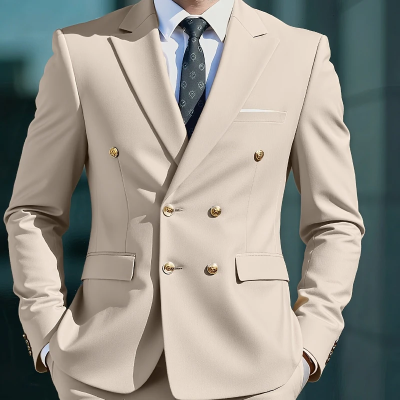 

Мужской деловой костюм 2026: двубортный, без глажки, с золотыми пуговицами, 2 предмета, модный, ретро, однотонный, простой, приталенный, стильный