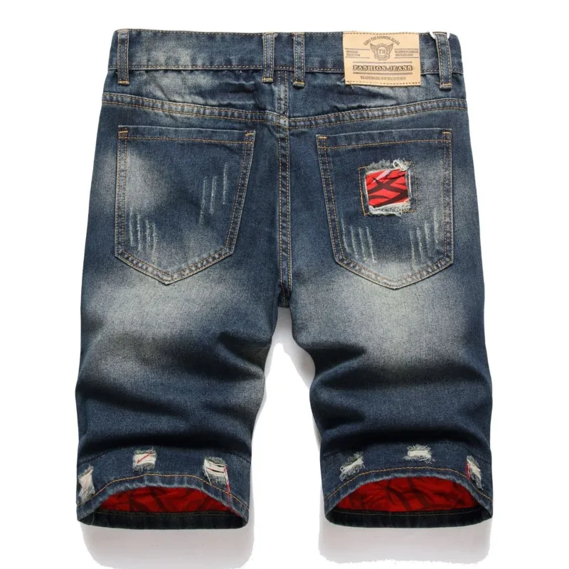 Zomer Nieuwe Mannen Gescheurde Korte Jeans Streetwear Groot Gat Patch Mode Casual Vintage Blauw Slanke Denim Shorts Merk Kleding