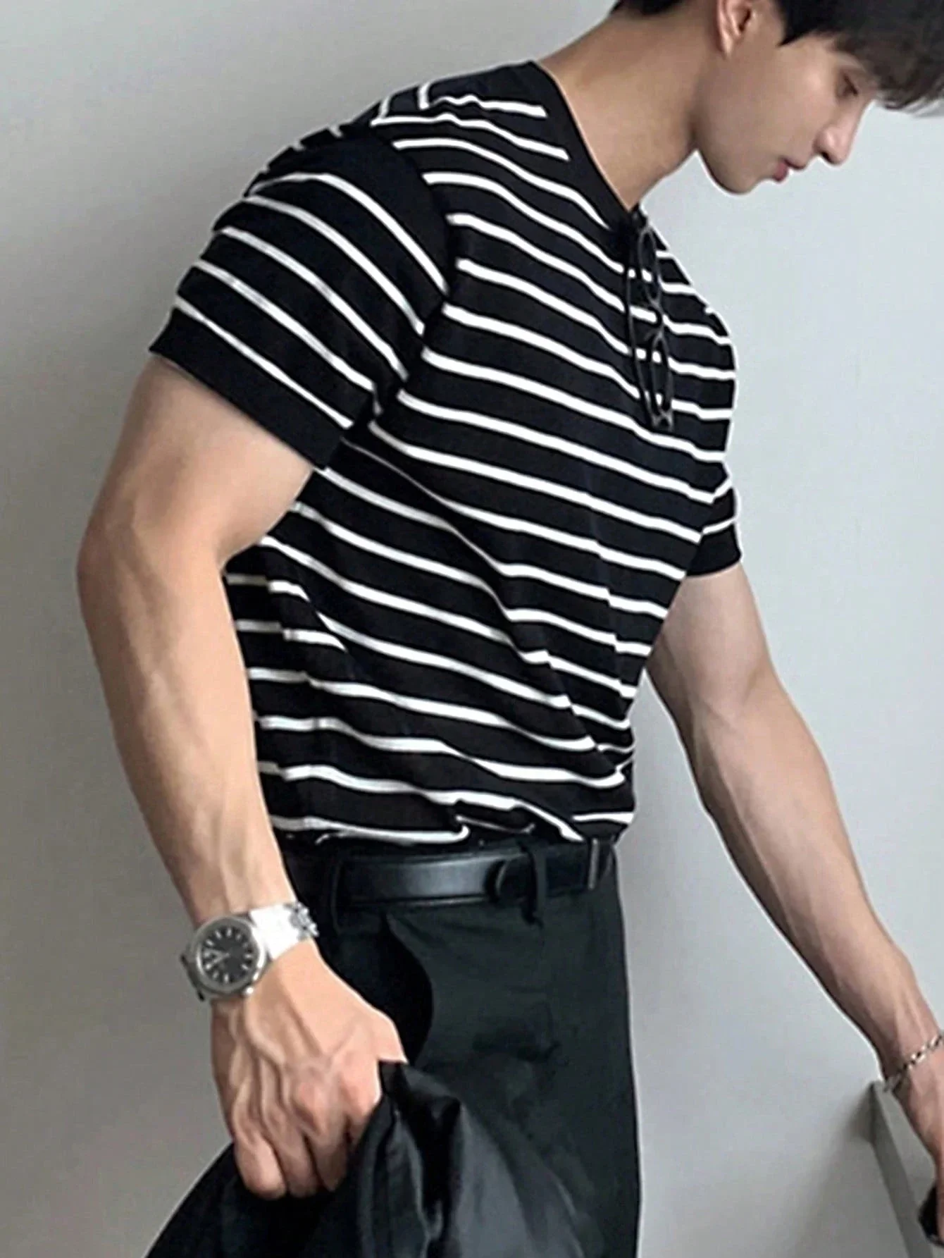 

Striped Knit Crew Neck Short Sleeve T-Shirt Casual Smart Casual Men Summer