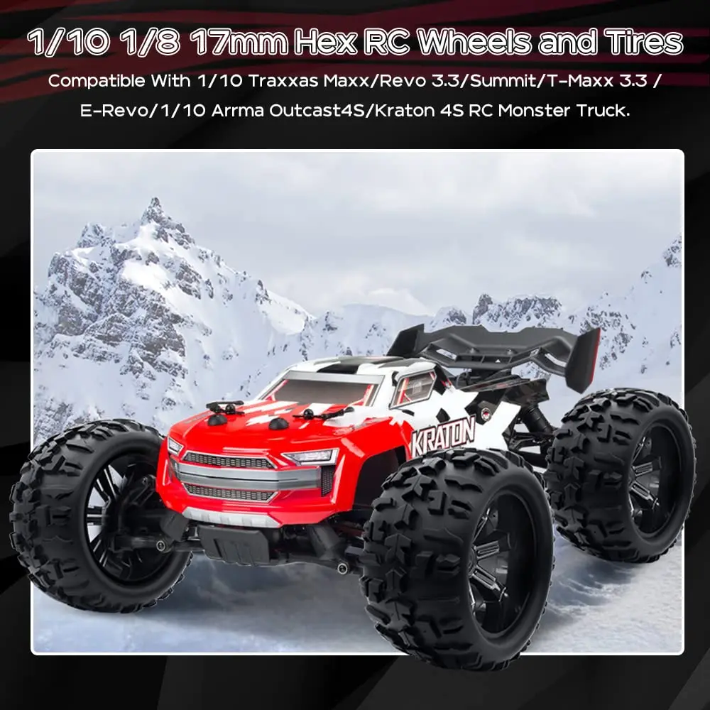 عجلات وإطارات GLOBACT 1/8 1/10 17 مم لـ 1/10 TRX ERevo T-Maxx Summit Arrma KRATON Outcast RC Monster Truck (4 قطع)
