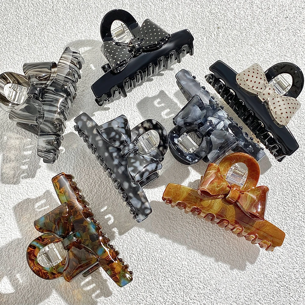 여성용 아세테이트 3D 활 매듭 표범 포인트 패턴 헤어 클로 클립, 우아한 기하학적 큰 머리핀, 헤어 액세서리 도구