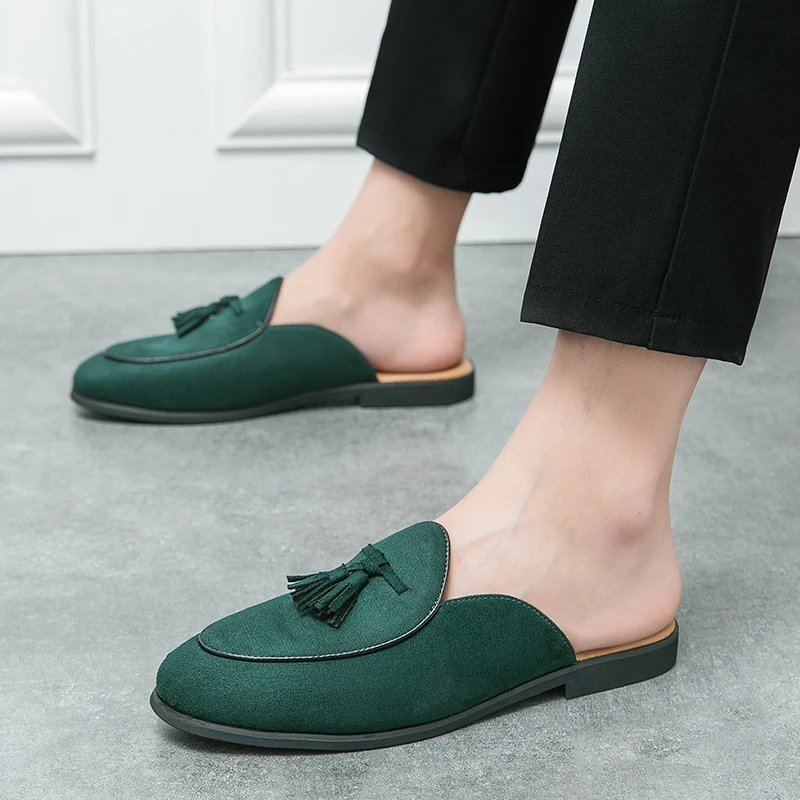 Plus Size Summer Mules Men Half Shoes Backless Loafers Slippers Leather Semi-Drag Mens Casual Shoes Male Slides Flat Sandals