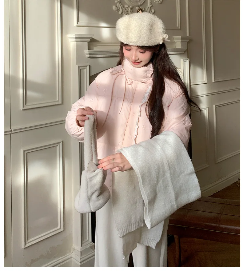 Sweet Pink Bow Stand Collar Puffer Jacket Women Korean Lace Spliced Thick Outerwear Students Winter Warm Cropped Cotton Jackets