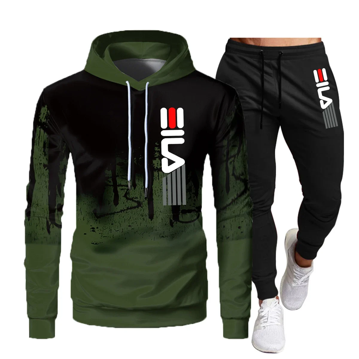 Zimowa moda męska wysokiej jakości drukowany ciepły garnitur z kapturem rozrywka sportowa fitness bluza do joggingu + 2 zestawy spodni codziennych