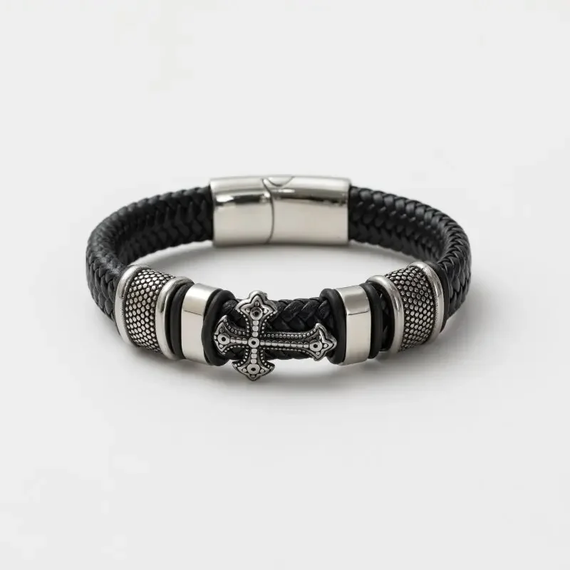 Men\\\\'s Classic Black Leather Bracelet Metal Magnetic Buckle Fashion Bracelet Jewelry Casual Daily All-Match Jewelry image 6