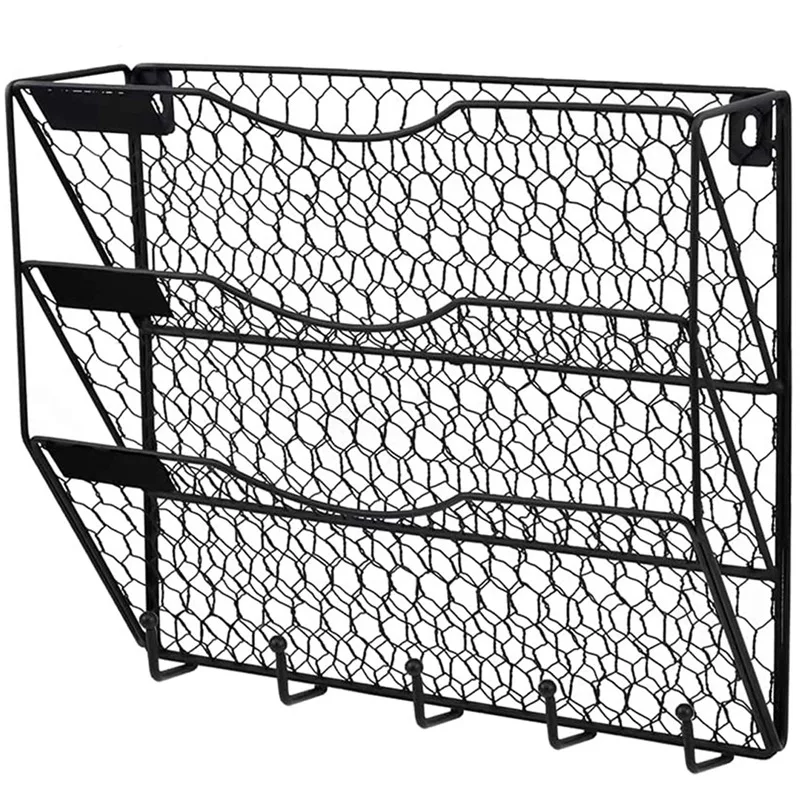 

3-Layer Wall-Mounted File Folder With Hook, Hanging Mail Organizermetal Chicken Wire Wall-Mounted Magazine Rack Black