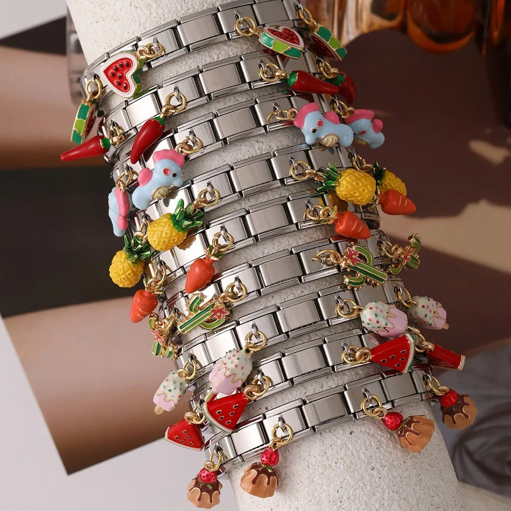 2026 New Italian Charm Square Module Heart Watermelon Carrot Icecrean Pendant Personalized Assembly Bracelets Women Fashion Gift