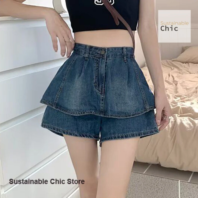 American retro denim skirt women's spring and autumn new fashion spice girls A-word short skirt pants pleated slim cake skirt