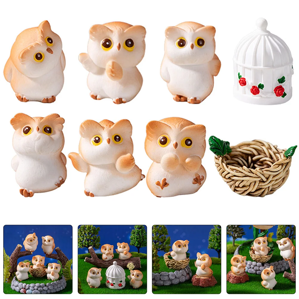 1 set mini gufo decorazione artigianale in resina vibrazione giardino micro paesaggio ornamento per desktop auto torta decorazione della casa piccolo animale