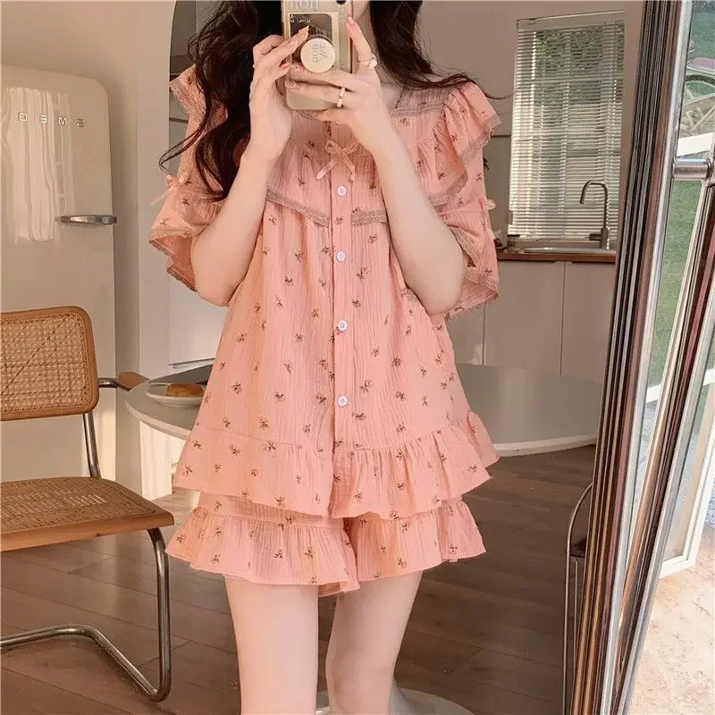 

Цветочная одежда для сна женские пижамные комплекты корейские пиамные комплекты из 2 предметов ночная одежда с рюшами пижамы с коротким рукавом с бантом летний кружевной домашний костюм