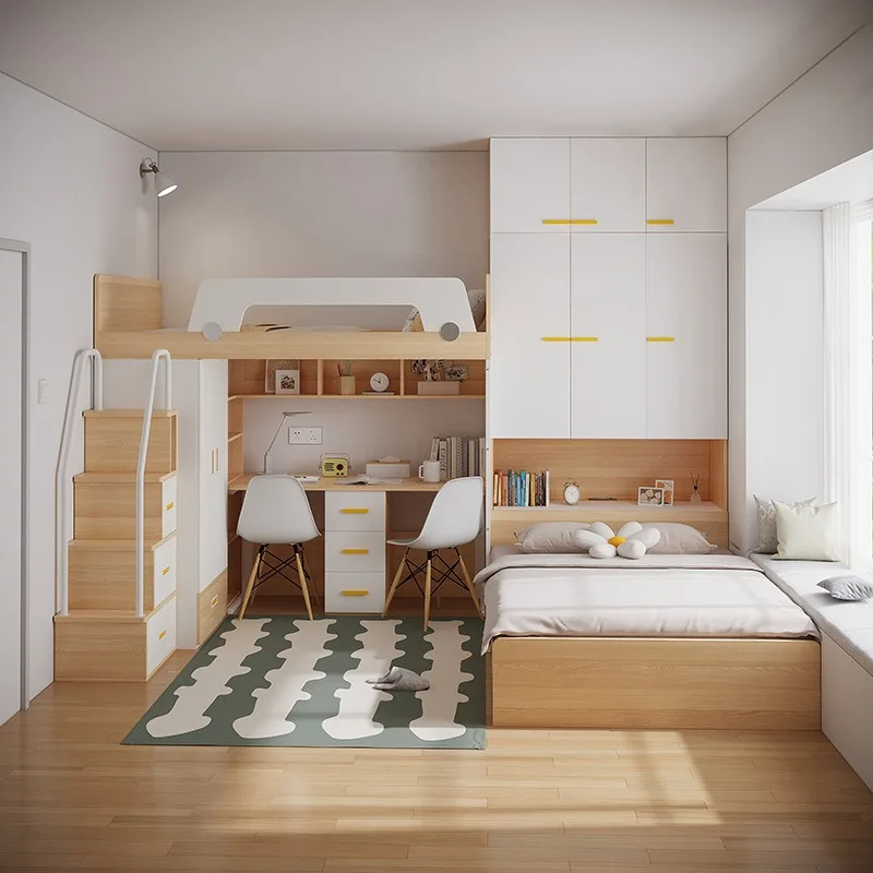 Multifunctional children's room High and low beds Interlaced upper and lower beds Bunk beds Small apartment space-saving tatami