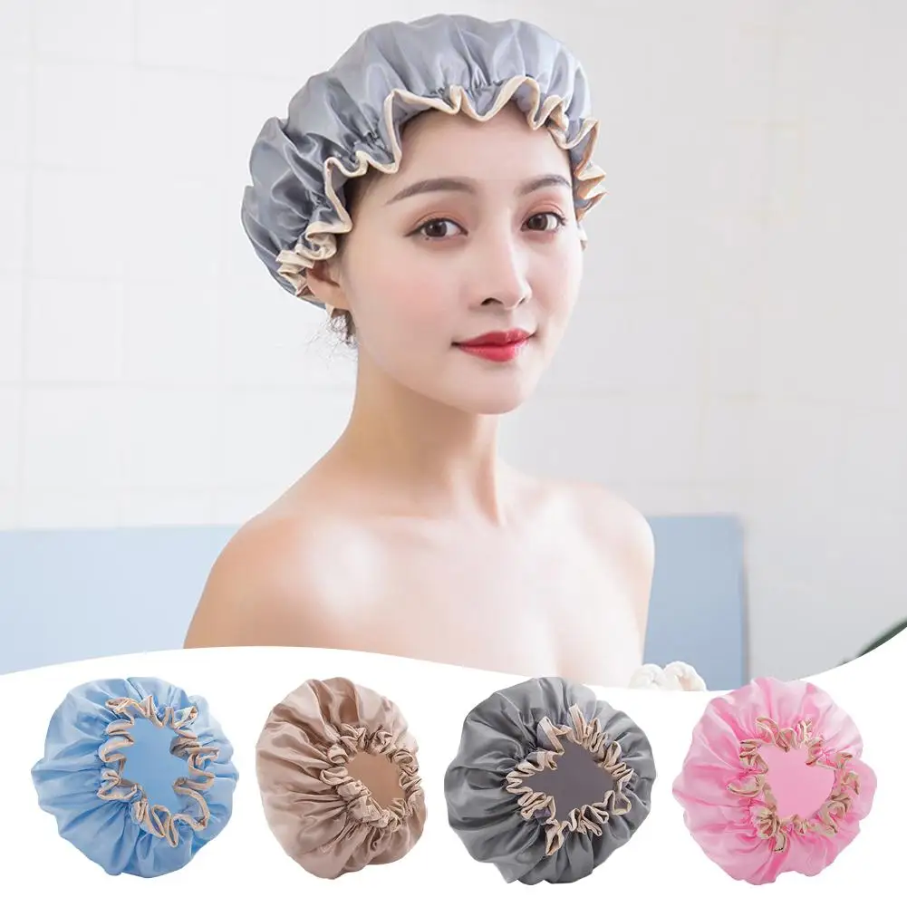 Double-layer Shower Cap Bath Cap Waterproof Elasticated Reusable Hat Hair Dry Cover For Women Girls Shower Cap Bathroom Pro K6V0