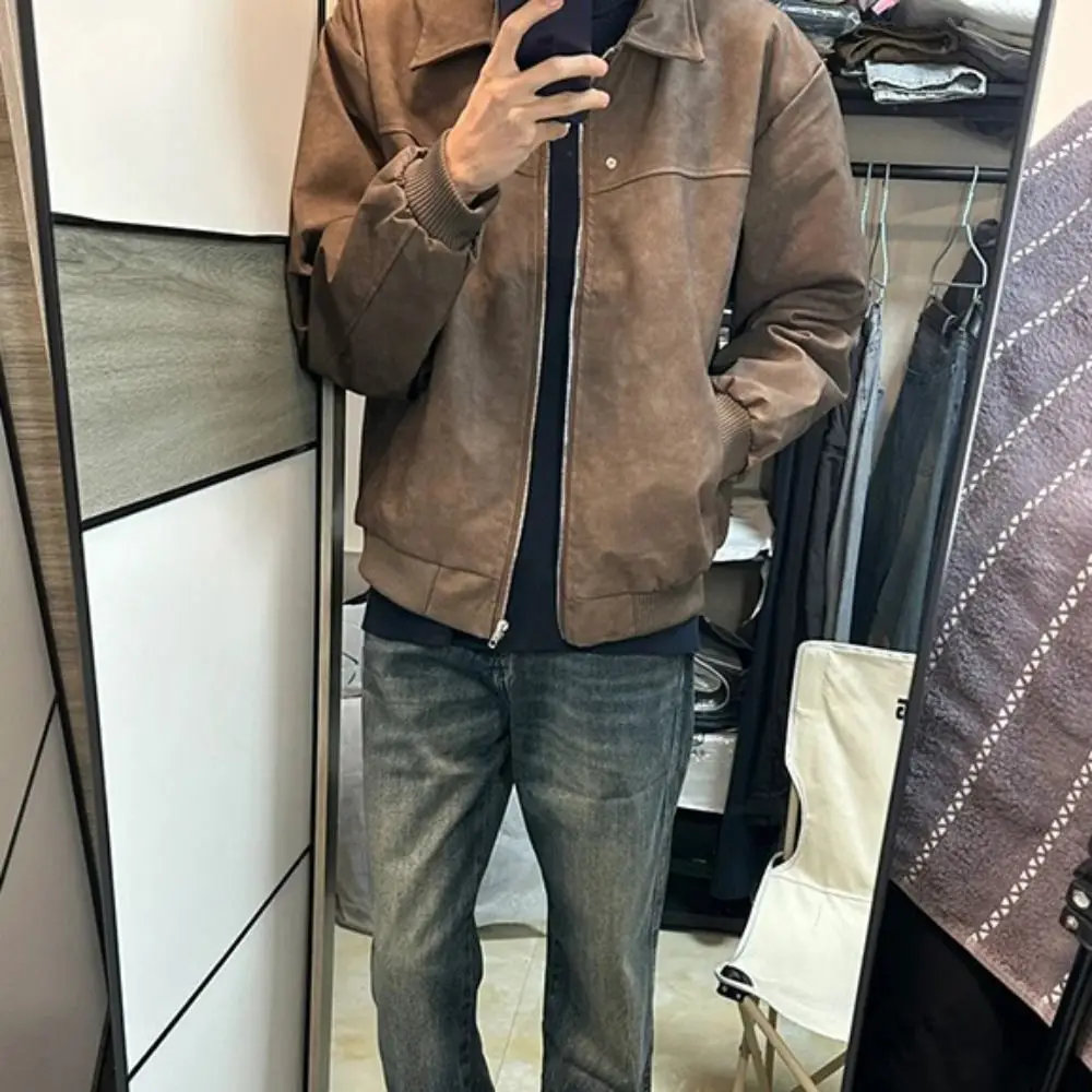 

Loose Fit Men Jackets Solid Color Thick Turn Down Collar Jacket Windproof Long Sleeves Zipper Coat American Style