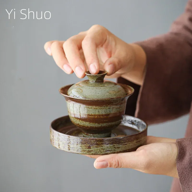 Japanese Style Handmade Stoneware Tureen High Temperature Reduction Burning Ceramic Gaiwan Tureen Kung Fu Tea Set Tea Bowl