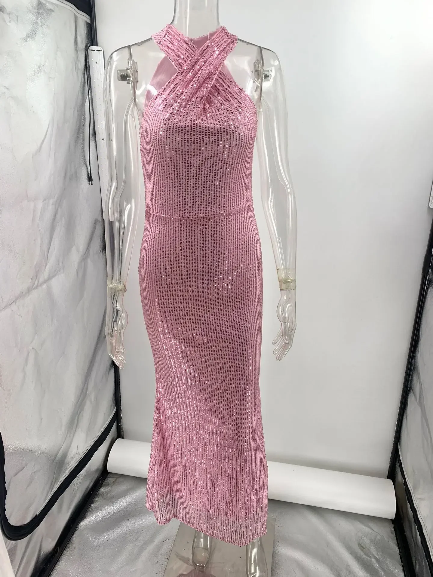 2024 Spring Women Evening Mermaid Dress Sequined Pink Elegant Long Party Dresses Female Summer Club Fashion Clothes Lady