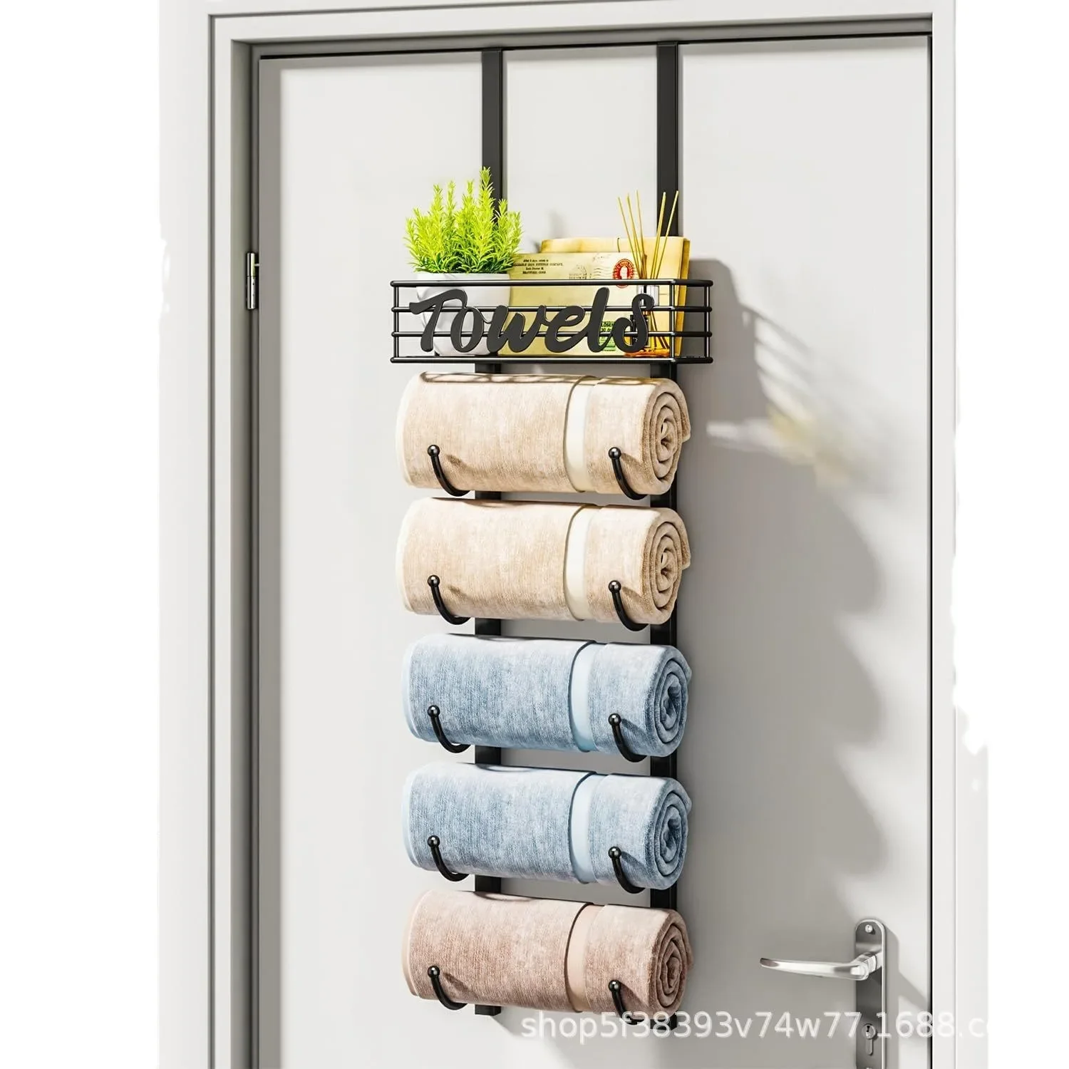 6th floor bathroom, wall-mounted towel rack with metal rack, rolled towel storage door hanging towel storage