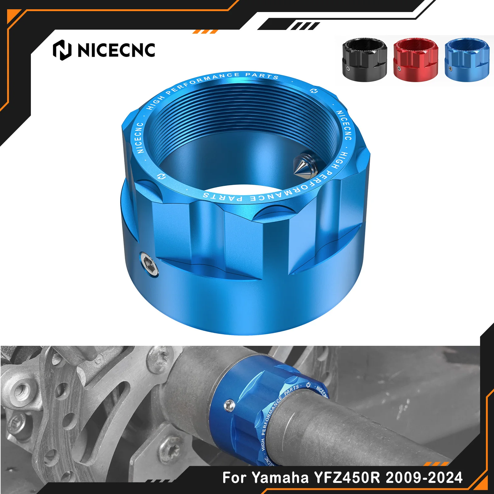 

NICECNC For Yamaha YFZ450R 2009-2024 YFZ450X 2010-2011 YFZ450 2017Rear Axle Nut Replaces 90179-38001-00 Aluminum Accessories