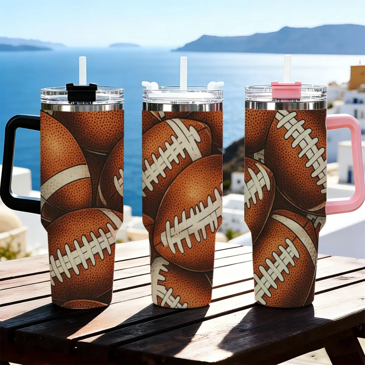 40oz Vintage American Football Leather Texture Repeat Print Stainless Steel Tumbler With Handle Straw Lid 24 Hours Cold Insulated Travel Water Cup