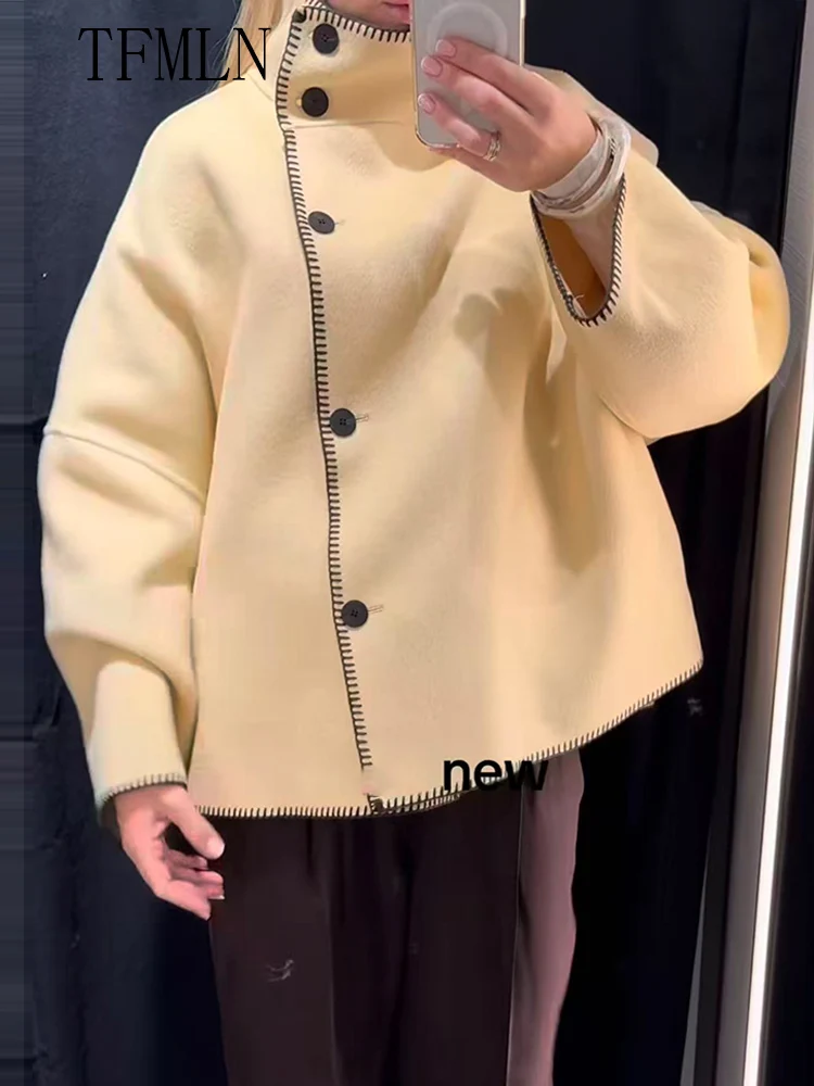 

TFMLN Oversize Solid Causal Coats For Women 2025 Autumn Winter Long Sleeve Turtleneck Loose Outwear Chic Single Breasted Jackets