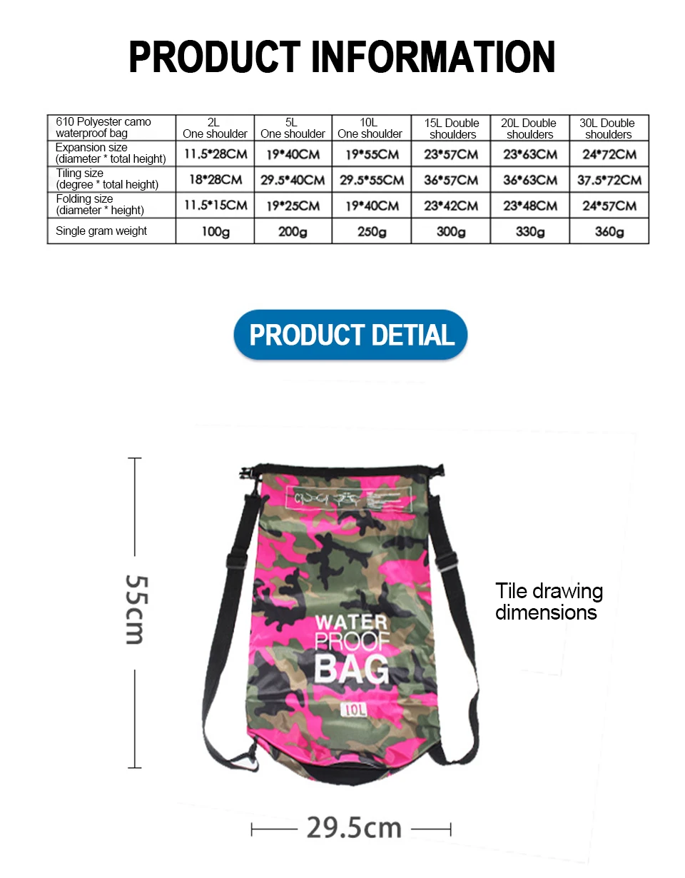 2/5/10/15/30L Outdoor Camouflage Wasserdichte Trockentaschen Tragbare Rafting Tauchen Trockentasche Sack PVC Schwimmtaschen für Flusstrekking – Detail 5