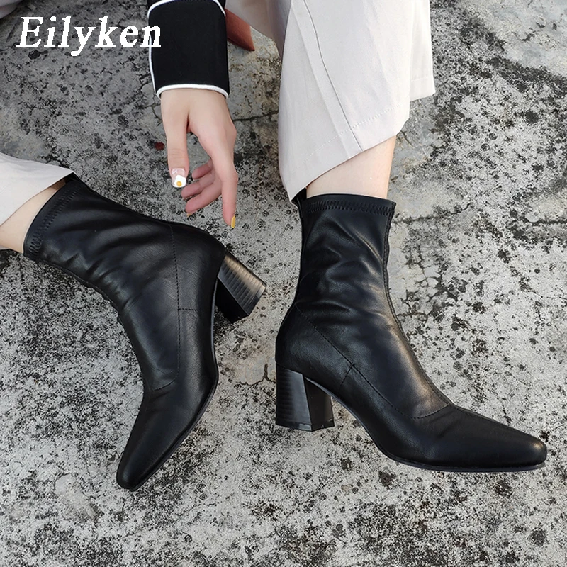 Eilyken Black Brown Autumn Winter Ankle Boots For Women Soft PU Leather Female Square Heels Elastic Boots Size 35-42