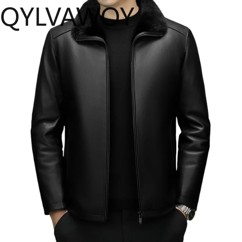 QYLVAWOY Sheepskin Real Leather Jacket Men Mink Fur Collar Thickened Coats for Man Lapel Casual Short Jackets New Куртка Зимняя