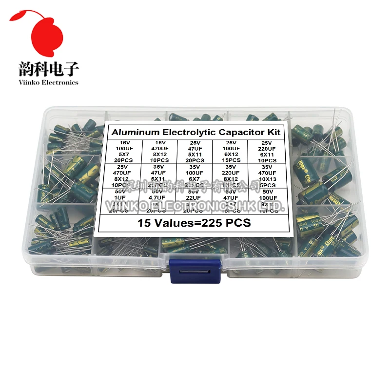 225pcs/Box High Frequency Low ESR Aluminum Electrolytic Capacitor Kit 15Values 16V-50V 1uF-470uF Capacitance DIP Assorted Set