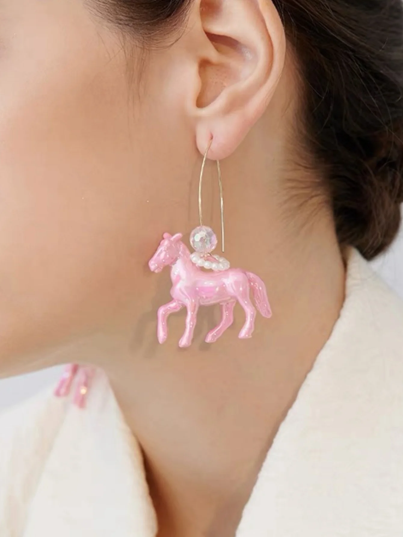 A Pair of Sweet and Lovely Dreamlike Colored Pearl Rose Playful Pink Pony V-hook Earrings