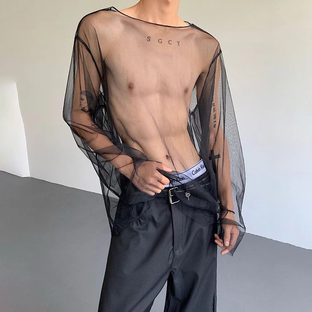 2026 Summer New Men's Solid Color Sheer Long-Sleeve T-Shirt American Retro Fashion Trendy High Street Loose Casual Men's Top