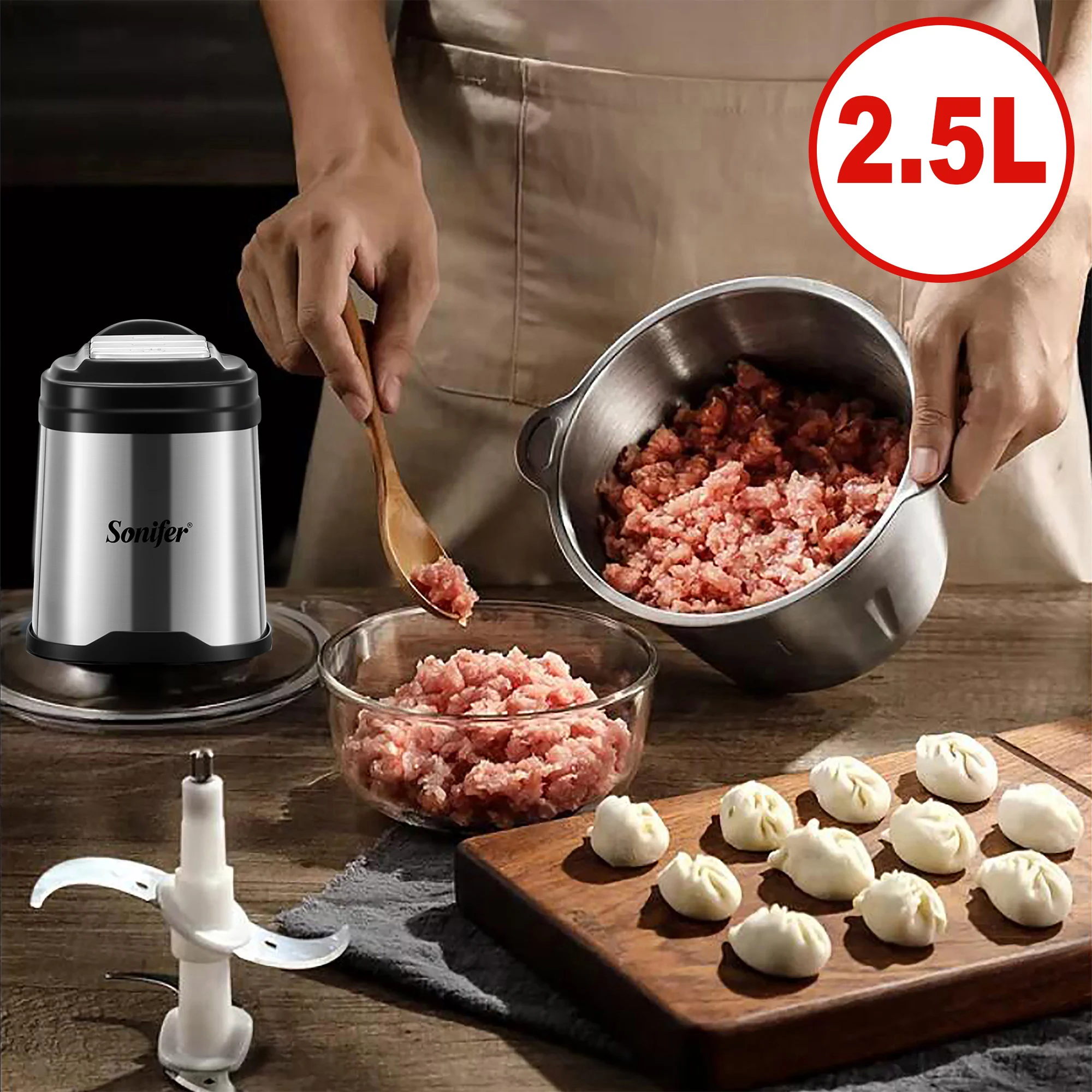 Sonifer Food Chopper  2.5L high quality stainless steel container Steel connecting shaft prevents access to blades when in opera