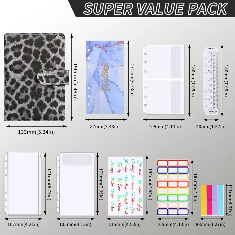 A6 Notebook Loose-Leaf Budget Book Leopard Print Notebook Book Leather PU Notebook Binder Manual Book Set Office Stationery