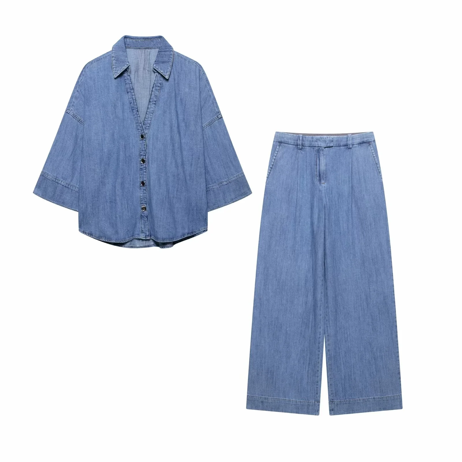 

PB&ZA Women's Collared Half - sleeved Button - down Denim Top and High - waisted Wide - leg Denim Pants Set for Summer