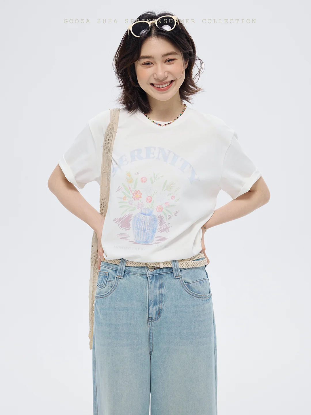 

GOOZA l Healing Hand-dn Floral Pure Cotton Loose Casual short-sleeved T-shirt Women's Comfortable Breathable round N...