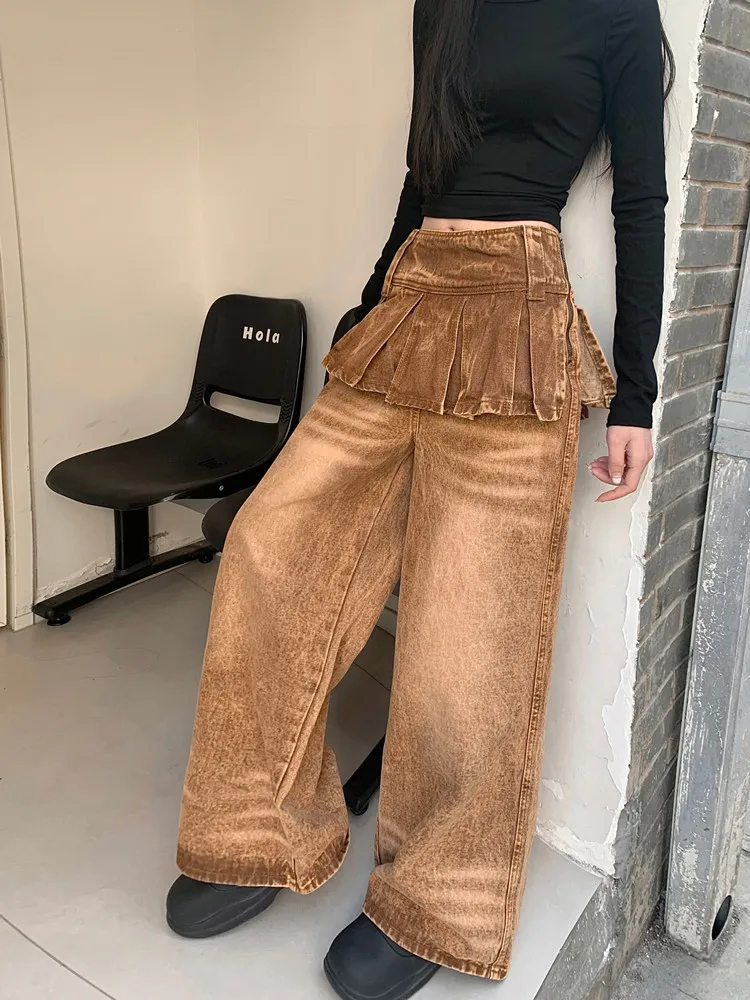 2026 Cyber Y2K Streetwear Vintage Braune Baggy Stacked Jeans für Damen – Weite Bein Denim-Hose Pantalon Femme – Detail 9
