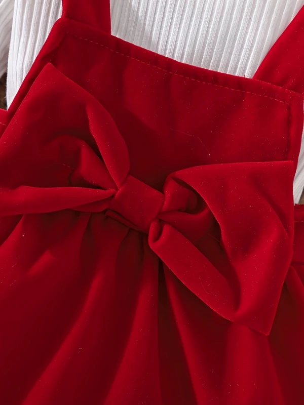 ربيع الخريف طفلة جولة الرقبة طويلة الأكمام مثلث رومبير الأحمر المخملية فراشة عقدة فستان بحزام عارضة قطعتين مجموعة