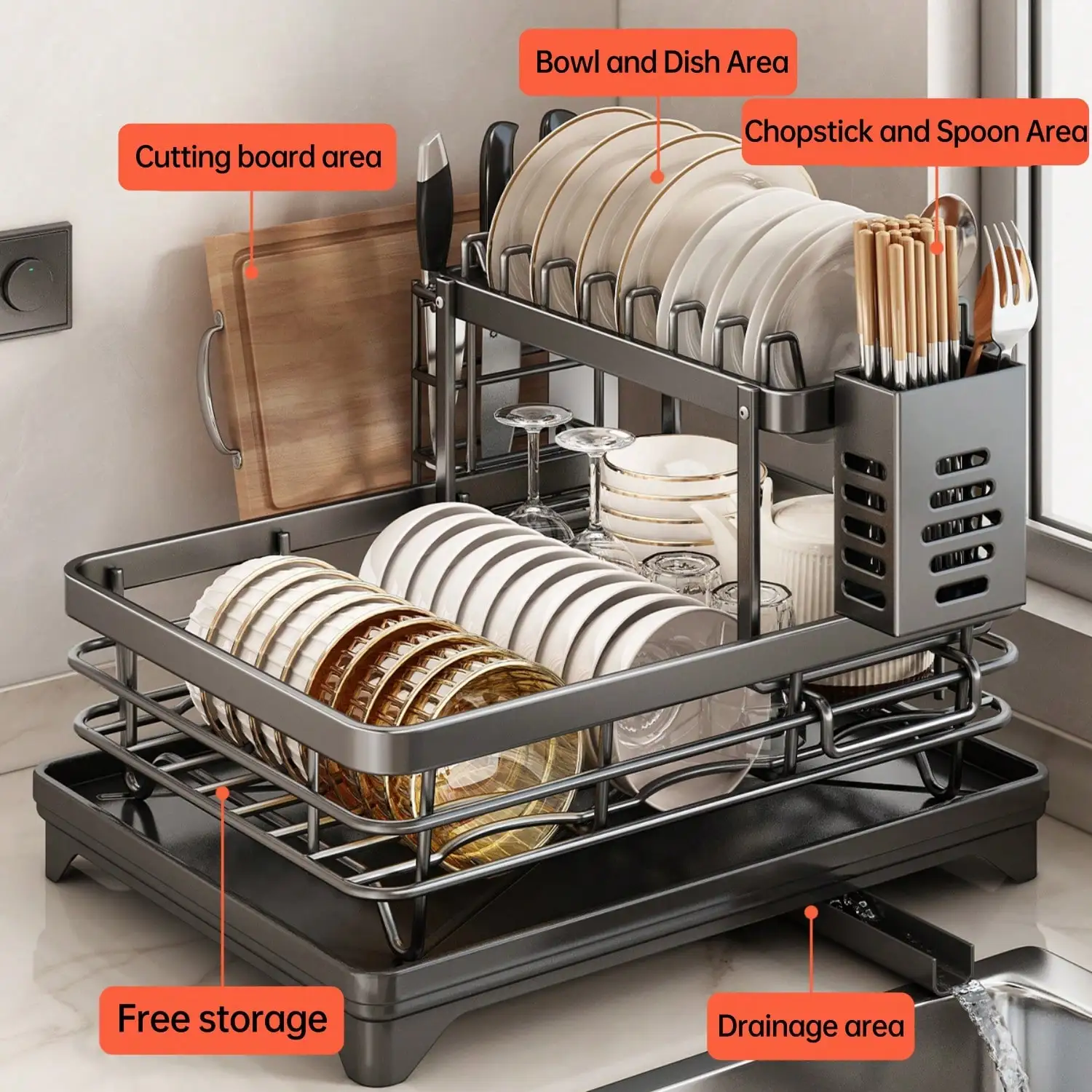 Компактная сушилка для посуды (2 уровня): нержавеющая сталь + дренажный поддон, кухонный органайзер