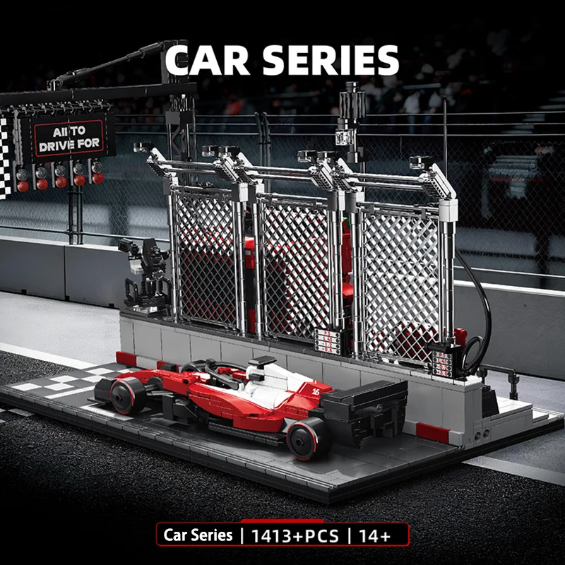 12GO 95026 Technical 1413pcs Formula Racing Car Starting Station Pit Wall Model Building Blocks Bricks Set MOC Race Cars Track