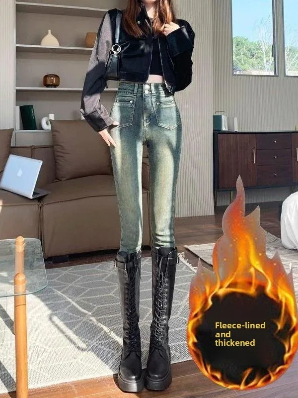 

Женские джинсы Slim Fit с флисовой подкладкой, высокой талией, осенне-зимние, новые, облегающие, повседневные брюки-карандаш