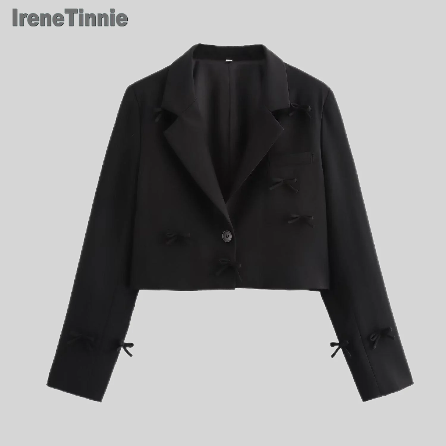 SXTHAENOO-Blazer à col rabattu pour femme, manches longues, nœud décoratif, veste à structure unique, combinaison courte femme, noir, printemps, mode