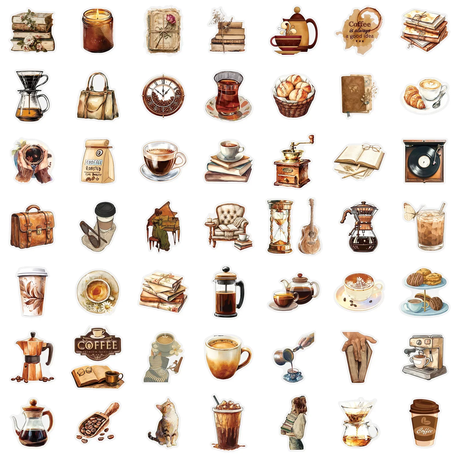 50PCS Retro Coffee Reading Transparent PET Stickers, Waterproof Decals for Scrapbook Luggage Skateboard Water Cup Bicycle Fridge