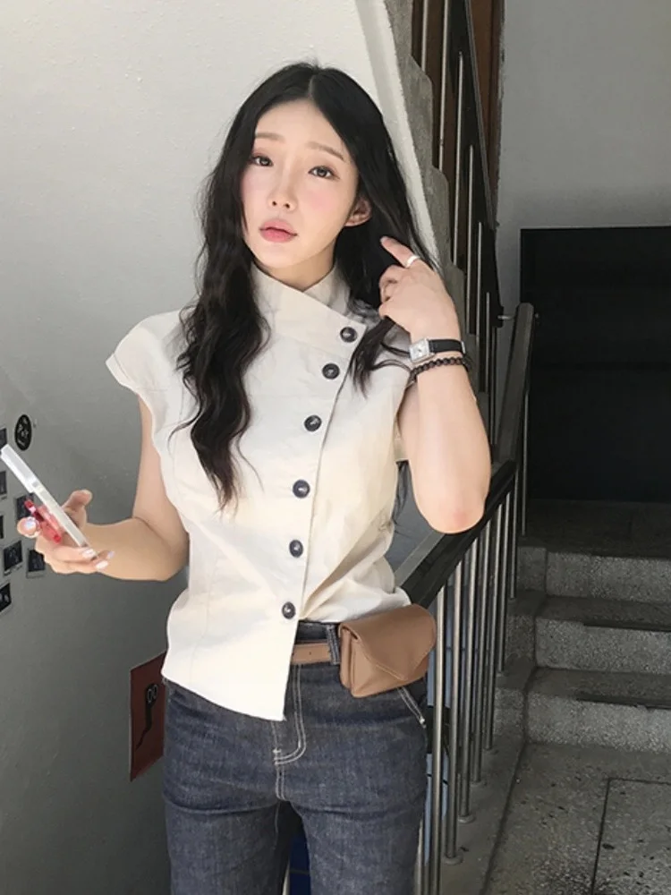 Camisa Retro de Manga Corta con Cuello Mao y Botones para Mujer, Diseño Americano de Verano, Estilo Workwear, Top Estilizador