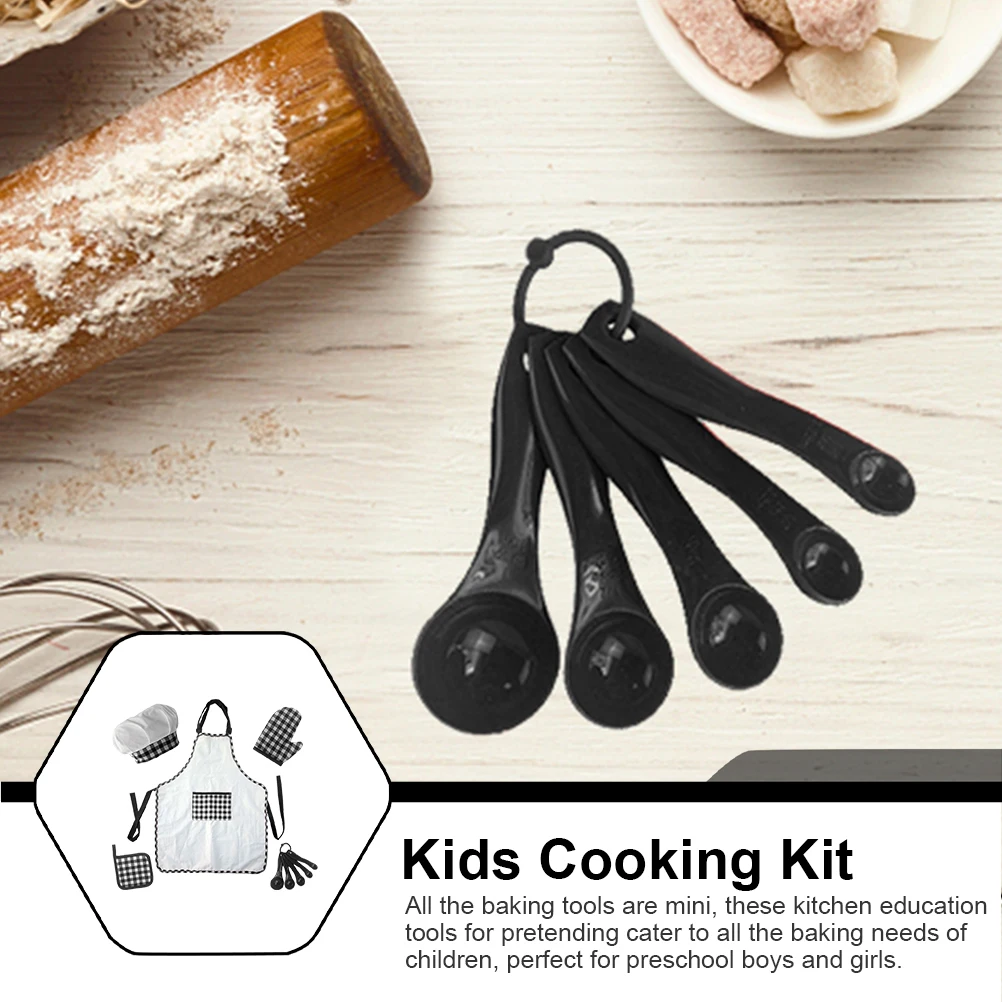 

1 set 5-Piece Children's Baking Cooking Apron Set Black White Mini Kitchen Tools Pretend Chef Safe Food Grade Toddler