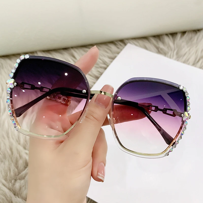 Schutzbrille Strass Dekor Randlose Mode Sonnenbrillen Frauen Männer Casual Gradienten Gläser Für Sommer Strand Party UV400