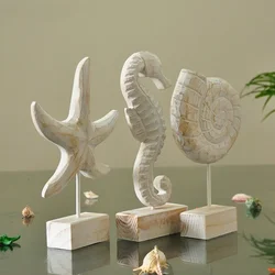 Mediterranean Style Wood Carving Starfish Conch Hippocampus Decorative Accessories for Home Living Room Marine Themed Craft