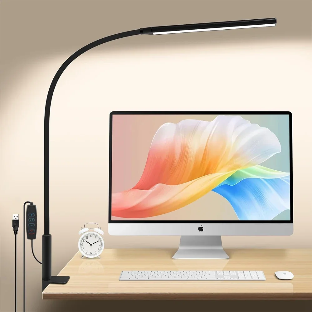 

Светодиодная настольная лампа с зажимом, бесступенчатое затемнение, 3 режима, 10 яркости 360° ° Гибкая лампа для чтения на гибкой стойке для ухода за глазами для домашнего офиса