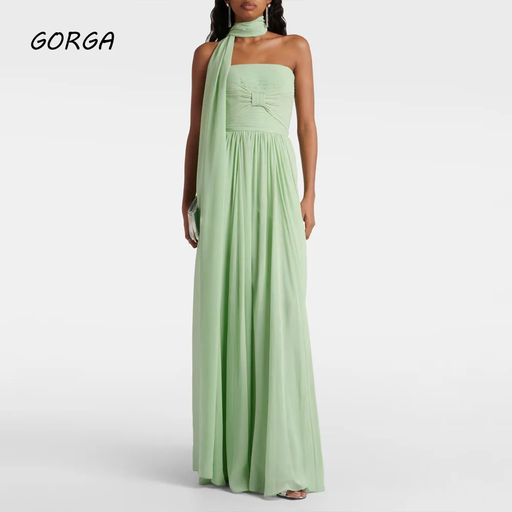 GORGA Simple Green Strapless Chiffon A-LINE Prom dress 2024 Slim Backless Floor-Length Formal Evening Dress