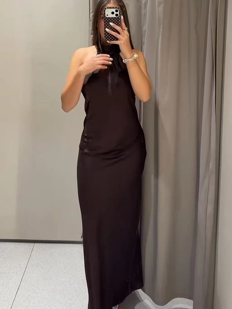 2026 Damen Neckholder-Maxikleid Einfarbig Rückenfreies Figurbetontes Elegantes Party-Abendkleid Sommer Neues Urlaubs-Strandkleid