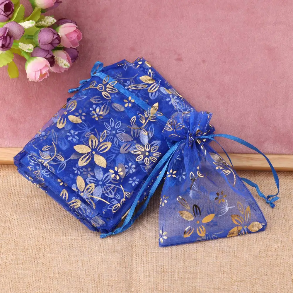 20pcs 9x12cm 10x15cm 13x18cm New Organza Jewelry Bag Gold Color Red Bauhinia Flower Bracelet Necklace Gift Pouch Packaging Bags