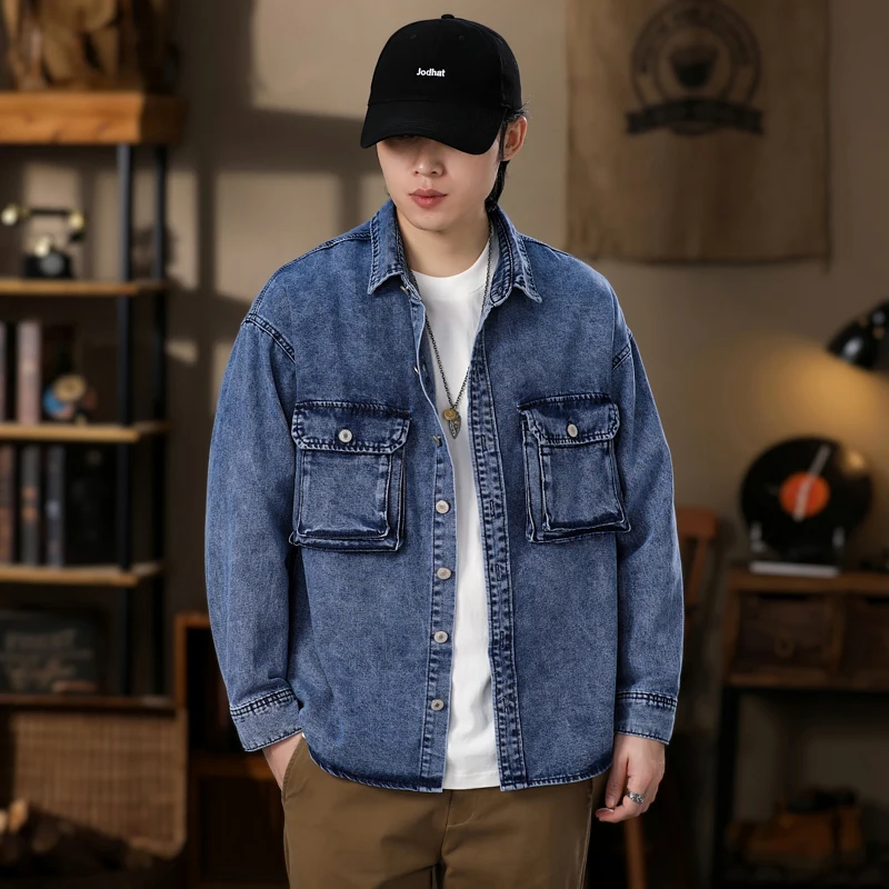 Men Streetwear Fashion Loose Casual Vintage Long Sleeve Vintage Denim Shirts Cityboy Jeans Blouses Shirt Coat Cardigan